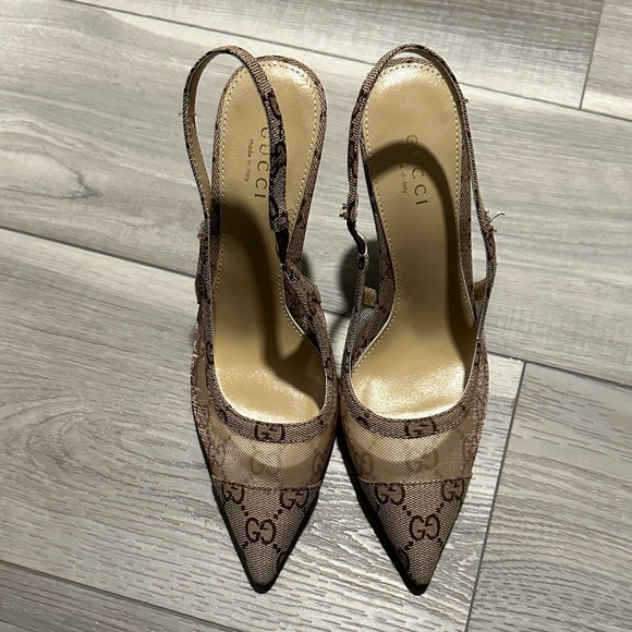 Gucci Shoes - Gucci Beige Monogram Slingback Heels